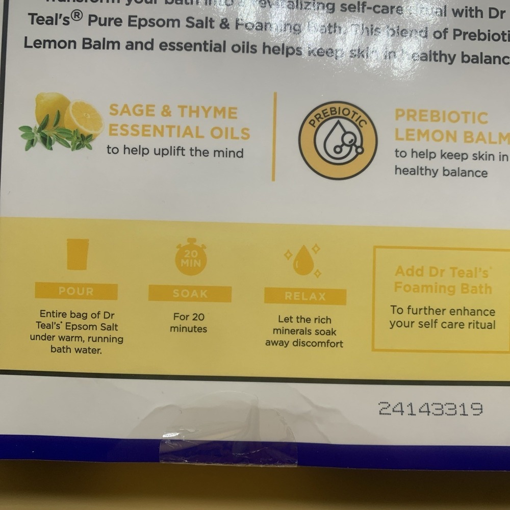 Dr Teal's Pure Epsom Salt Prebiotic Lemon Balm Bath Soak&Bath NEW - Picture 6 of 7